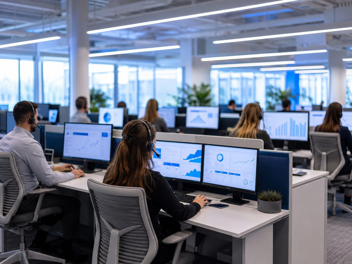 Équipe Nexus au travail dans un bureau moderne, casques professionnels et CRM à l'écran