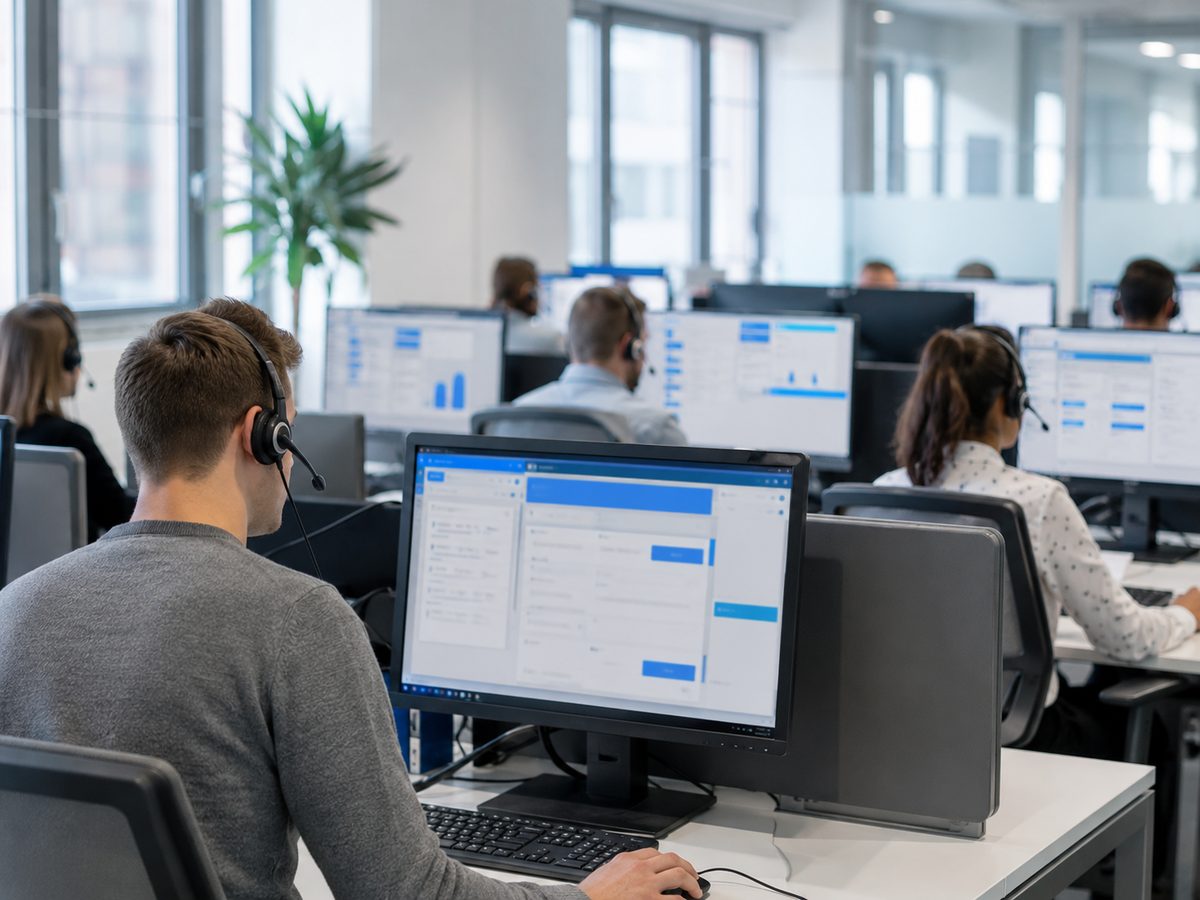Équipe de call center partenaire, plusieurs postes de travail en activité