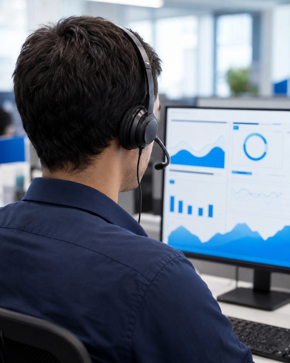 Télévendeur Nexus au travail, casque professionnel, écran CRM en arrière-plan